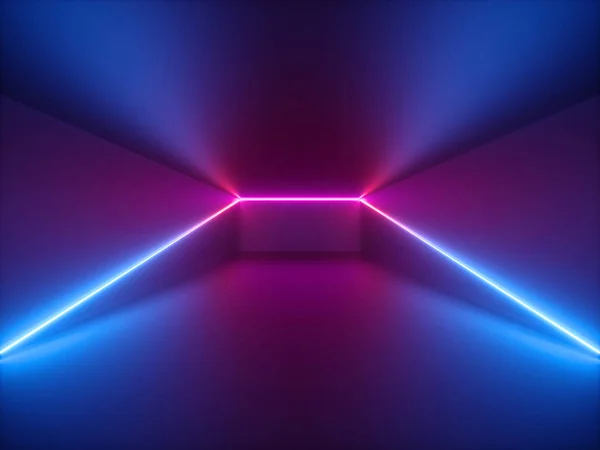 3d render, pink blue neon light, abstract background with glowing lines, cyber space in virtual reality, night club room interior, fashion podium or stage, empty corridor in ultraviolet spectrum — Stock Photo, Image