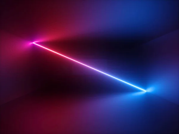 Renderização 3d, luz de néon azul vermelho rosa, fundo abstrato com linha brilhante, espaço cibernético em realidade virtual, sala de discoteca interior, pódio de moda ou palco, corredor vazio no espectro ultravioleta — Fotografia de Stock