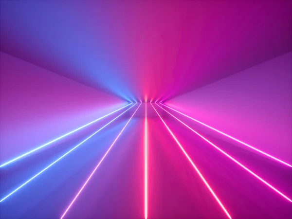 Renderowanie 3D, różowe czerwone niebieskie światło neonowe, abstrakcyjne tło z świecącymi liniami, Cyber przestrzeń w rzeczywistości wirtualnej, wnętrze klubu nocnego, podium mody lub sceny, pusty korytarz w spektrum ultrafioletowym — Zdjęcie stockowe