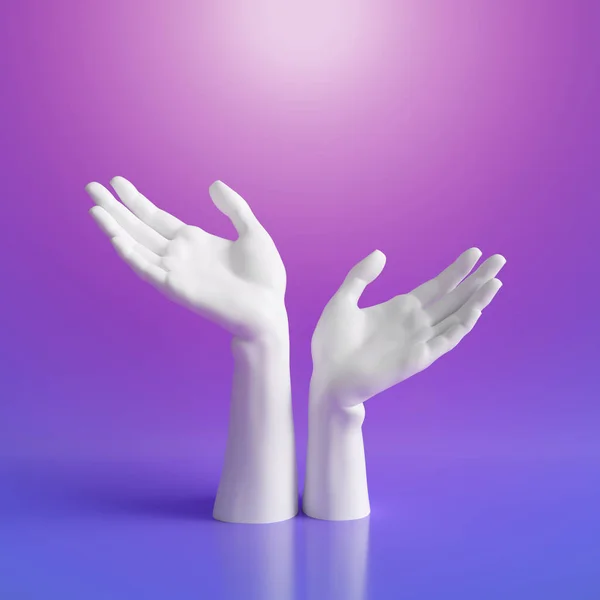 3D renderen, witte vrouwelijke handen geïsoleerd op Neon ultraviolet achtergrond, mode schoonheid, sieraden winkel display, elegante mannequin lichaamsdelen, handen vasthouden, Toon, presentatie — Stockfoto