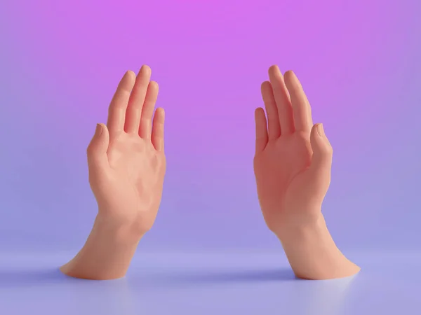 3D рендеринг, красиві руки ізольовані, жіночі частини тіла чоловічої статі, мінімальний модний фон, допомагає руками, благословення, концепція партнерства, рожево-фіолетові пастельні кольори — стокове фото