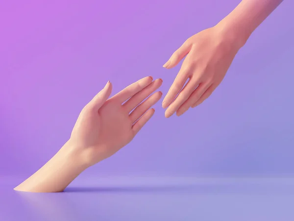 3D рендеринг, красиві руки ізольовані, жіночі частини тіла чоловічої статі, мінімальний модний фон, допомагає руками, благословення, концепція партнерства, рожево-фіолетові пастельні кольори — стокове фото