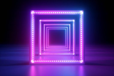 3d render, soyut neon arka plan, ultraviyole ışık moda podyum, performans sahne dekorasyon, kare arcade ile ışıklı gece kulübü koridor