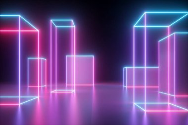 3d render, parlayan kübik şekiller ile neon soyut arka plan, siyah izole, sanal gerçeklik siber şehir, lazer gösterisi