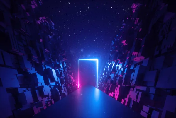 3d abstrato neon fundo, brilhante quadro retangular no espaço cibernético, cena fantástica em realidade virtual, estrada entre paredes de blocos sob o céu noturno — Fotografia de Stock