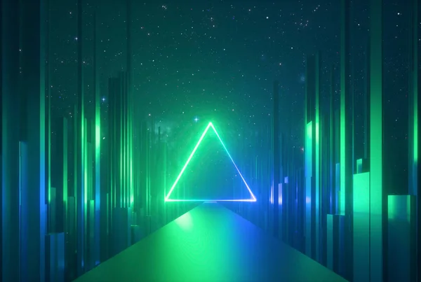 3d abstract neon background, glowing triangle of light, vertical lines in cyber space, urban scene in virtual reality, empty road in fantastic emerald city, skyscrapers under the night sky — Stock Photo, Image