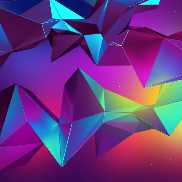3D Neon abstracte kristallen achtergrond, Multicolor veelhoekige vormen — Stockfoto