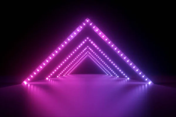 3D рендеринг, абстрактний неоновий фон, подіум моди в ультрафіолетовому світлі, прикраса сцени виступу, сяючі форми трикутника, освітлений нічний клубний коридор з трикутною аркадою — стокове фото
