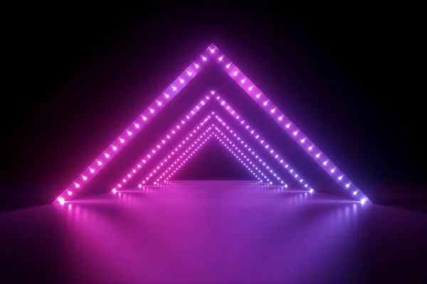 Rendering 3d, sfondo astratto al neon, podio della moda in luce ultravioletta, decorazione scenica, forme a triangolo incandescente, corridoio illuminato del night club con arcade triangolare — Foto Stock