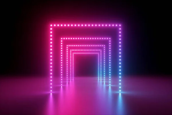 3d render, astratto rosa blu neon sfondo, podio di moda in luce ultravioletta, decorazione scenica performance, corridoio illuminato night club con galleria quadrata — Foto Stock