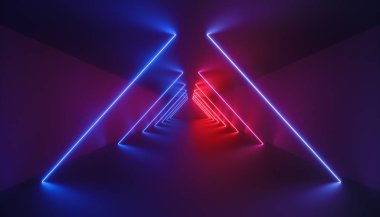 3D render, Soyut Mavi kırmızı neon arka plan, boş tünel içinde parlayan çizgiler, ultraviyole ışık, sanal gerçeklik siber uzay yolu, uzun koridor, moda podyum zemin yansıma, performans aşaması
