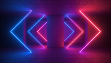 3D render, Neon ışık parlayan oklar, sanal gerçeklik siber alan, yeraltı otoparkında beton sütun, tünel, koridor, ultraviyole soyut arka plan