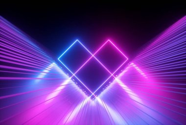 3D render, parlayan hatları ile pembe mavi neon soyut arka plan, ultraviyole ışık, lazer gösterisi, duvar yansıma