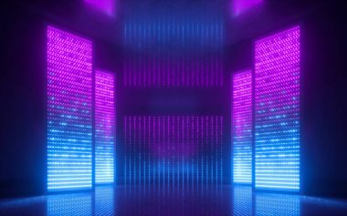 3D render, mavi pembe menekşe Neon soyut arka plan, ultraviyole ışık, gece kulübü boş oda iç, tünel veya koridor, parlayan paneller, moda podyum, performans sahne süslemeleri,