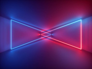 3D render, kırmızı mavi neon ışık, parlayan üçgenler ile soyut arka plan, sanal gerçeklik siber alan, gece kulübü oda iç, moda podyum veya sahne, ultraviyole spektrumunda boş koridor