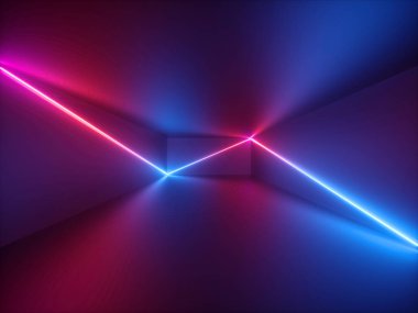 3D render, pembe kırmızı mavi neon ışık, parlayan hatları ile soyut arka plan, sanal gerçeklik siber alan, gece kulübü oda iç, moda podyum veya sahne, ultraviyole spektrumunda boş koridor