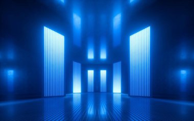 3D render, mavi neon soyut arka plan, ultraviyole ışık, gece kulübü boş oda iç, tünel veya koridor, parlayan paneller, moda podyum, performans sahne süslemeleri,