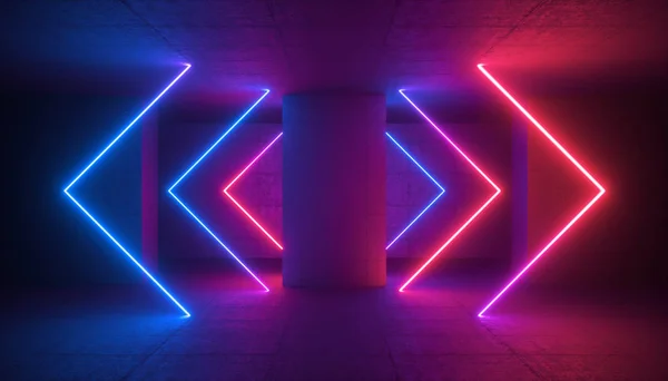 3d render, neon luz flechas brilhantes, espaço cibernético em realidade virtual, coluna de concreto no estacionamento subterrâneo, túnel, corredor, fundo abstrato ultravioleta — Fotografia de Stock