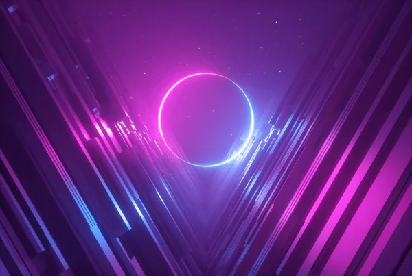 Renderização 3d, fundo abstrato de néon azul rosa com anel brilhante, luz ultravioleta, show a laser, reflexão na parede, forma de círculo redondo — Fotografia de Stock