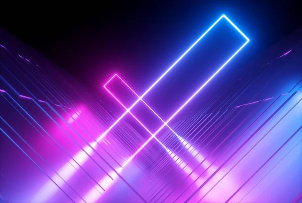 3d render, rosa blu neon sfondo astratto con linee luminose, luce ultravioletta, spettacolo laser, riflessione della parete — Foto Stock