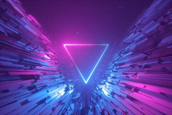 3d render, fondo abstracto de neón azul rosado con triángulo brillante, luz ultravioleta, espectáculo de láser, reflejo de la pared, forma triangular — Foto de Stock