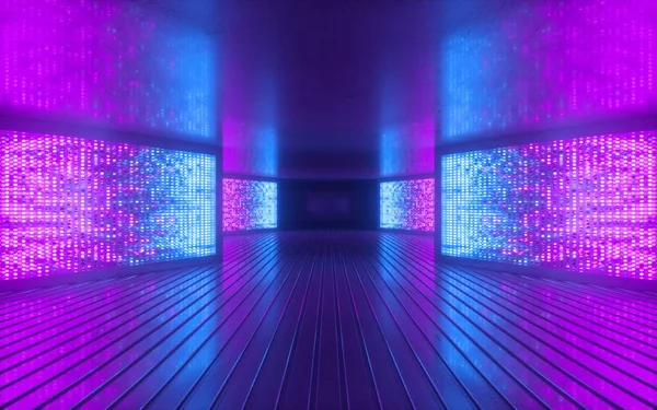 3D renderen, blauw roze neon licht abstracte achtergrond, nachtclub lege kamer interieur, tunnel of gang, gloeiende panelen, fashion podium, prestaties fase decoraties, — Stockfoto