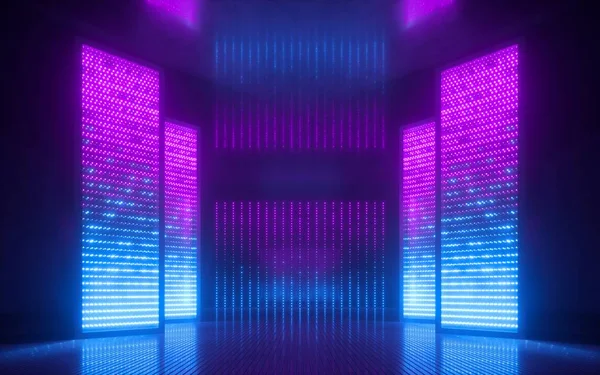 3d render, azul rosa violeta neon fundo abstrato, luz ultravioleta, clube noturno vazio quarto interior, túnel ou corredor, painéis brilhantes, pódio de moda, decorações de palco de desempenho , — Fotografia de Stock