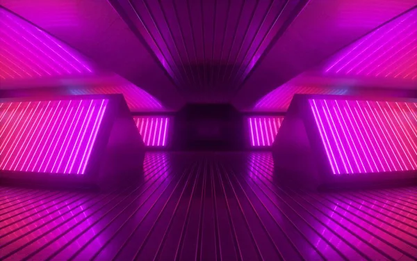 3d render, rosa neon luz abstrato fundo, night club vazio quarto interior, túnel ou corredor, painéis brilhantes, pódio de moda, decorações de palco de desempenho , — Fotografia de Stock