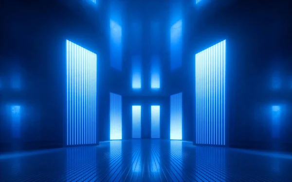 Rendering 3d, sfondo astratto blu al neon, luce ultravioletta, interno della stanza vuota del night club, tunnel o corridoio, pannelli luminosi, podio della moda, decorazioni per palcoscenici , — Foto Stock