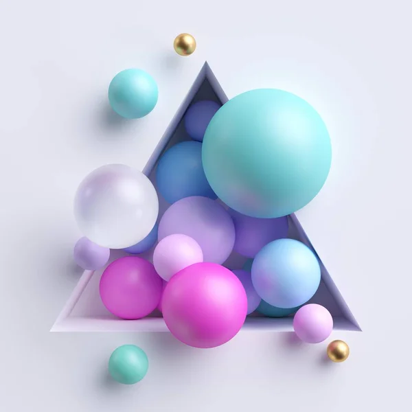 3D抽象イラスト、白い背景に隔離された三角形のニッチの中にピンクの青いパステルボールを並べ替え — ストック写真