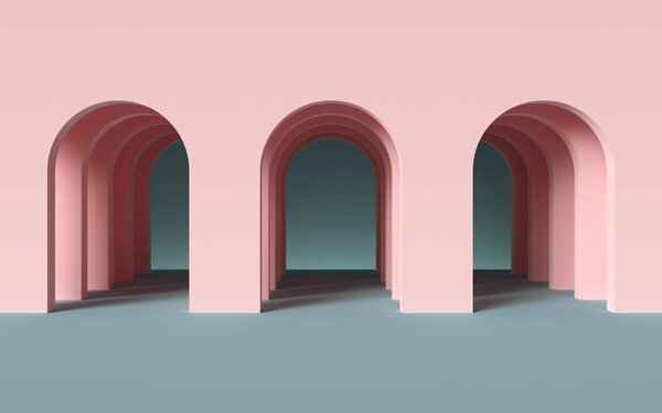 3d render, abstract minimalist geometric background, architectural concept, arch inside pink wall, paper layers