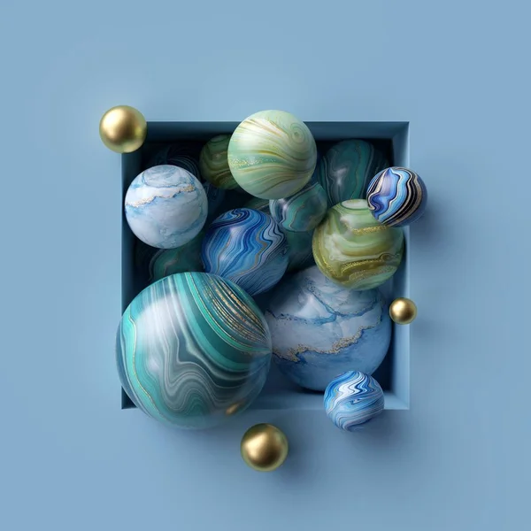 3d абстрактный фон, разнообразные шарики мрамора внутри синей квадратной ниши — стоковое фото