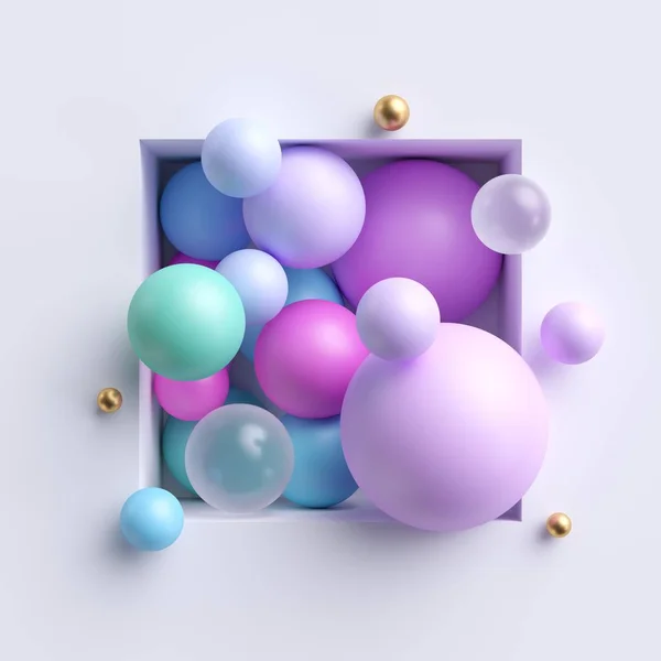 3d абстрактна ілюстрація, різноманітні рожево-сині пастельні кульки всередині квадратної ніші ізольовані на білому тлі — стокове фото