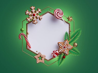 Yeşil zemin üzerinde izole edilmiş, zencefilli kurabiyelerle süslenmiş 3D renkte, minimal Noel altıgen çerçevesi. Firavun ağacı dalları, süsler, yıldızlar, kar taneleri, şeker kamışı. Boş tebrik kartı maketi