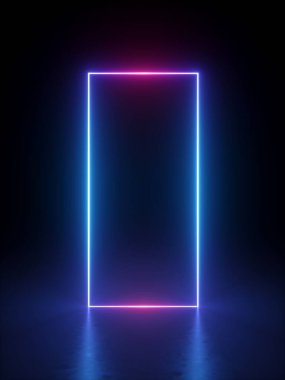 3D görüntüleme, soyut minimum geometrik arkaplan. Parlak neon hatları. Sahne aydınlatması ve zemin yansıması. Kopya alanı olan boş dikdörtgen çerçeve