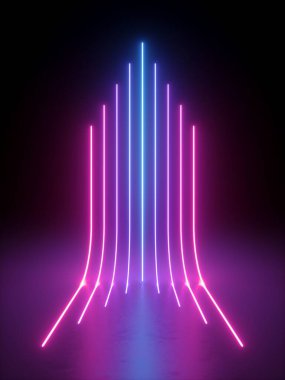 Karanlıkta parlayan üç boyutlu, soyut dikey neon çizgiler. Lazer ışınları sahnede sanal performans gösteriyor. En küçük geometrik tasarım.