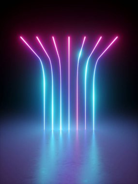 3D görüntüleme, neon ışıklı soyut arkaplan. Pembe, mavi, dikey, parlak çizgiler. Karanlıkta lazer ışınları. Minimum geometrik tasarım. Sanal gerçeklik fütüristik grafikleri. Ultraviyole spektrum.