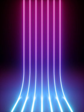 Karanlıkta parlayan üç boyutlu, soyut dikey neon çizgiler. Lazer ışınları sahnede yansımalı sanal performans gösteriyor. En küçük geometrik tasarım.