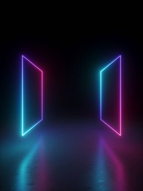 3D görüntüleme, soyut minimum geometrik arkaplan. Boş dikdörtgen şekiller havada süzülüyor, parlayan neon kare çerçeveler perspektif görüntüsü, sanal gerçeklik kopyalama alanı. Sahne lazer gösterisi aydınlatması