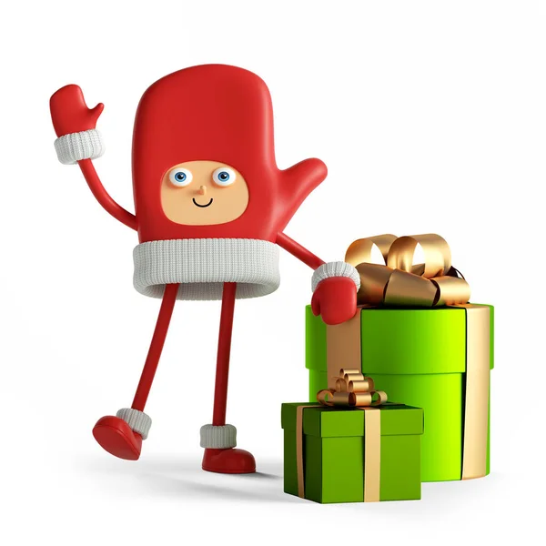 3D渲染 红色手套 冬季吉祥物 有礼品盒 可爱的圣诞老人助手 白色背景的圣诞玩具夹艺术 — 图库照片