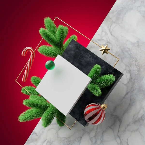 3Dレンダリング お祝いの装飾やトウヒの小枝 空白の正方形のバナーを抽象的なクリスマスの背景 大理石の質感 グリーティングカード ポスターやラベルタグのモックアップ 浮遊物 — ストック写真
