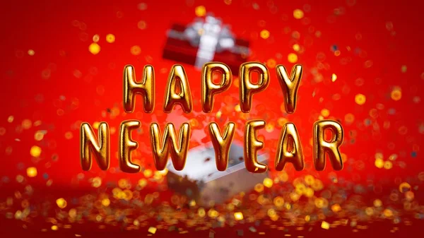 Render Happy New Year Wenskaart Feestelijke Tekst Rode Achtergrond Gouden — Stockfoto