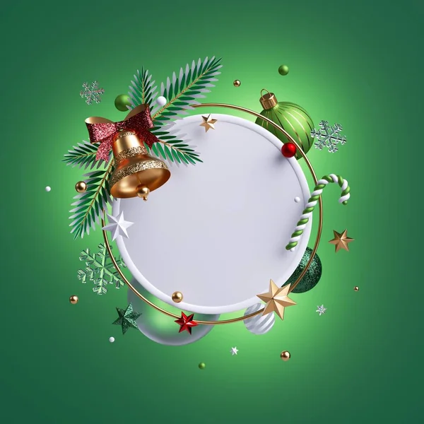 Render Weihnachtlicher Runder Rahmen Isoliert Auf Grünem Hintergrund Goldene Glocke — Stockfoto