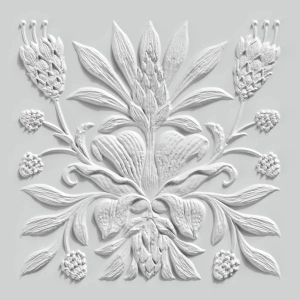 Render White Floral Carving Gypsum Wall Decor Carved Stone Tile — Stock Photo, Image
