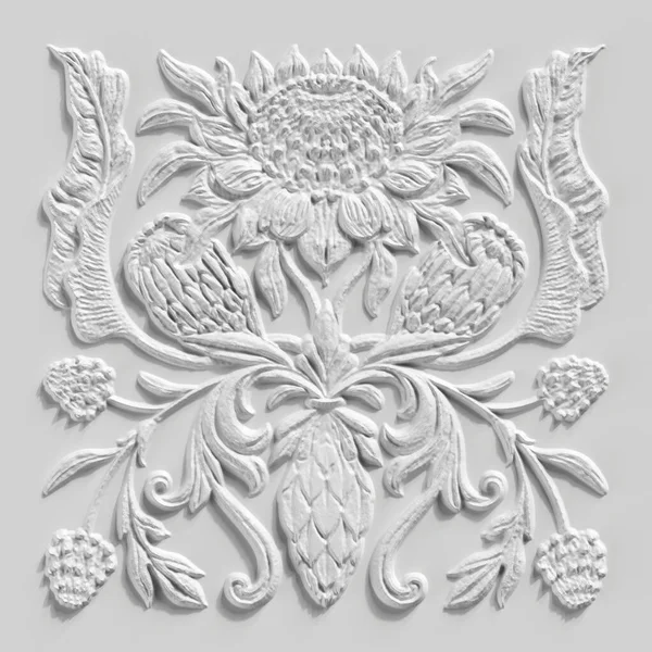 3Dレンダリング 抽象的な白い植物の背景 石彫りの花の装飾 石膏の質感 アラバスター 熱帯の花や葉 石膏の壁の装飾 建築デザイン要素 アンティークの装飾 — ストック写真