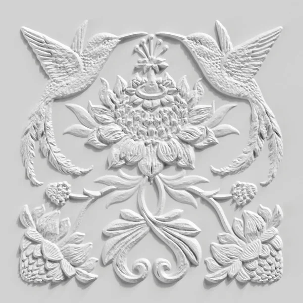 3Dレンダリング 白い花の彫刻 石膏の装飾 ハチドリ 熱帯鳥 彫刻石のタイル 植物のパターン 中世の装飾 アラバスター石膏の質感 熱帯の花や葉のモチーフ — ストック写真