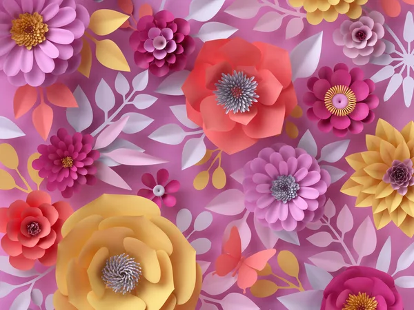 Darstellung Abstrakte Botanische Tapete Bunte Papierblumen Isoliert Auf Rosa Hintergrund — Stockfoto