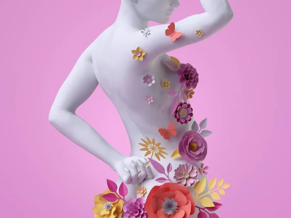 3Dレンダリング スリムな女性の体のバックビュー カラフルな紙の花で飾られた白いマネキン ピンクの背景に隔離された女性のシルエット ファッション花のドレスコンセプト 現代の植物彫刻 — ストック写真