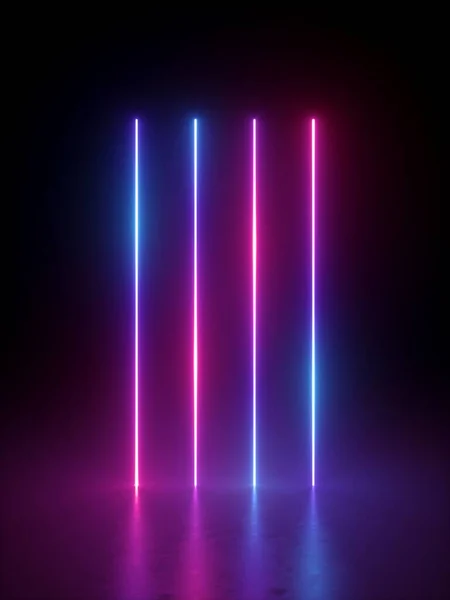 Rendering Vertical Glowing Lines Isolated Black Background Neon Light Rays — Stock Photo, Image