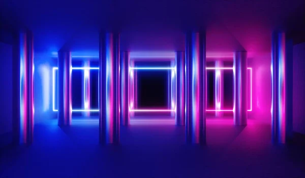 3D渲染 抽象的背景 空旷的室内照明蓝色粉红霓虹灯 金属柱之间的发光框架 — 图库照片